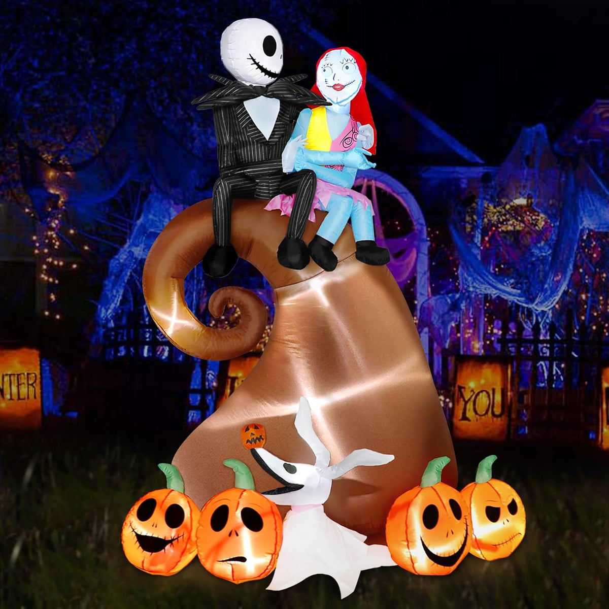 6 ft Inflatable Skeleton Couple on Hill with Pumpkins, Halloween outdoor decoration
