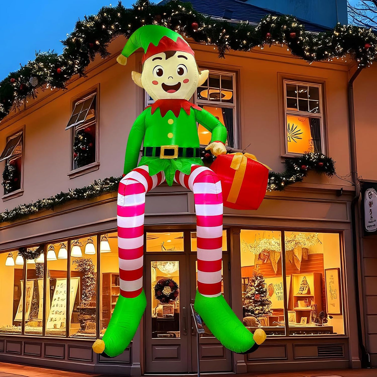 8 ft Inflatable Sitting Elf with Gift Box, Christmas outdoor decoration